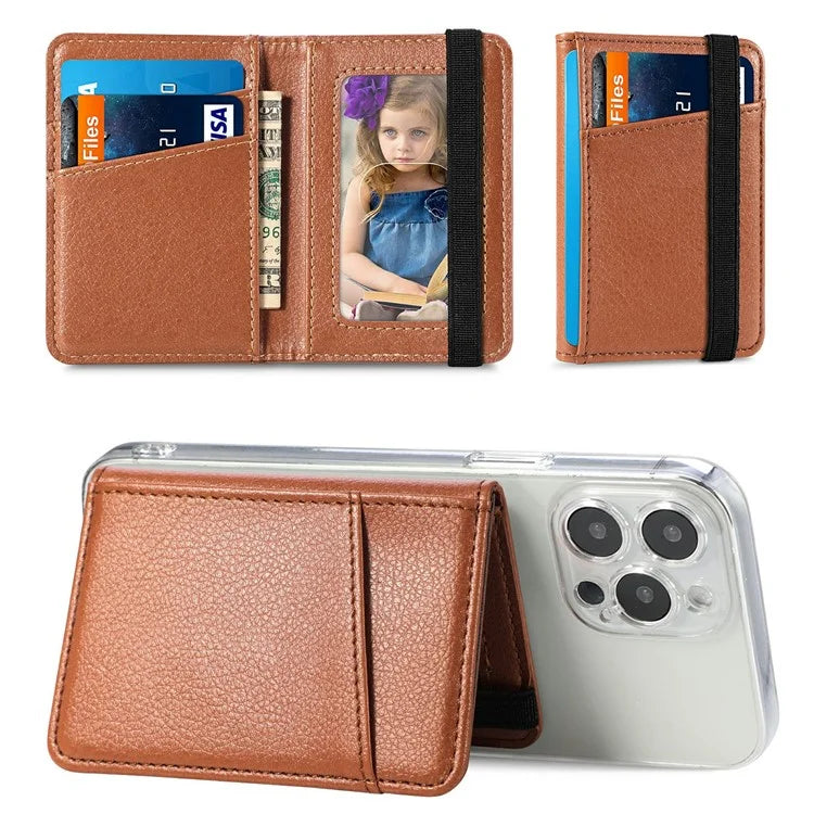 Adhesive Phone Card Bag Wallet Litchi Texture Leather Kickstand Card Holder