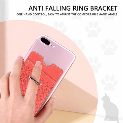 Phone Card Holder Cartoon Cat Paw PU Leather Ring Holder Card Slot