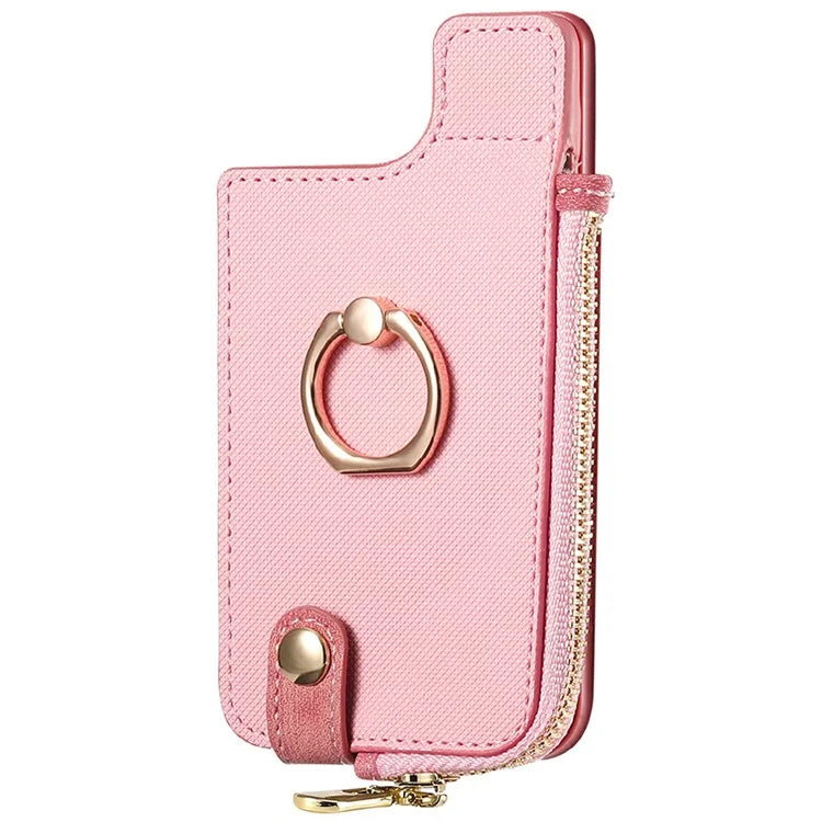 Ring Holder Card Bag Cross Texture PU Leather Zipper Wallet Card Holder