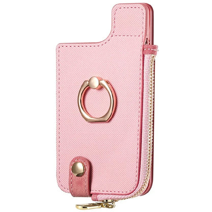 Ring Holder Card Bag Cross Texture PU Leather Zipper Wallet Card Holder