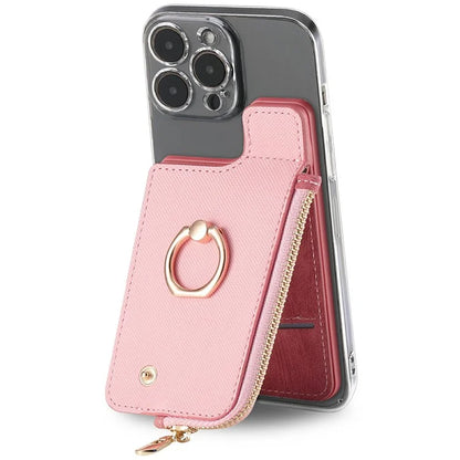 Ring Holder Card Bag Cross Texture PU Leather Zipper Wallet Card Holder