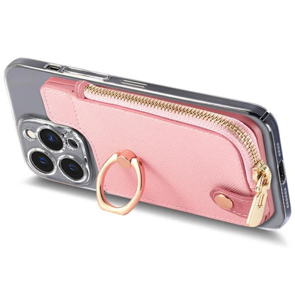 Ring Holder Card Bag Cross Texture PU Leather Zipper Wallet Card Holder