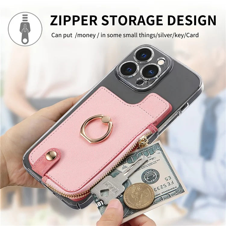 Ring Holder Card Bag Cross Texture PU Leather Zipper Wallet Card Holder