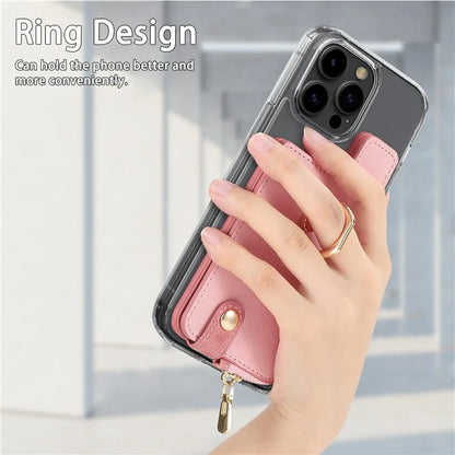 Ring Holder Card Bag Cross Texture PU Leather Zipper Wallet Card Holder
