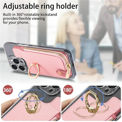 Ring Holder Card Bag Cross Texture PU Leather Zipper Wallet Card Holder