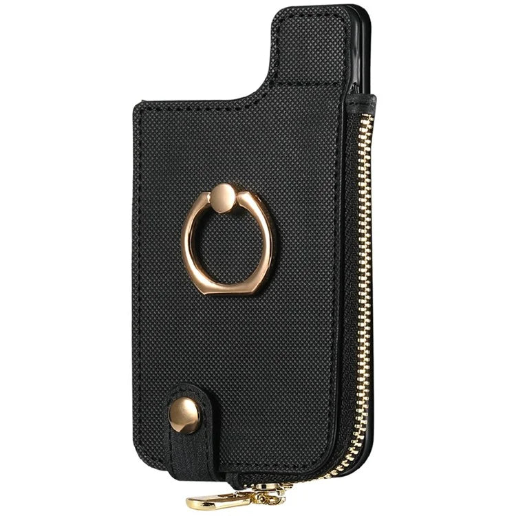 Ring Holder Card Bag Cross Texture PU Leather Zipper Wallet Card Holder