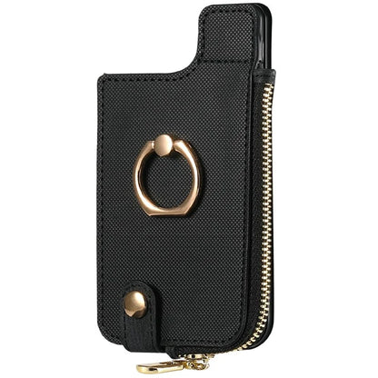Ring Holder Card Bag Cross Texture PU Leather Zipper Wallet Card Holder