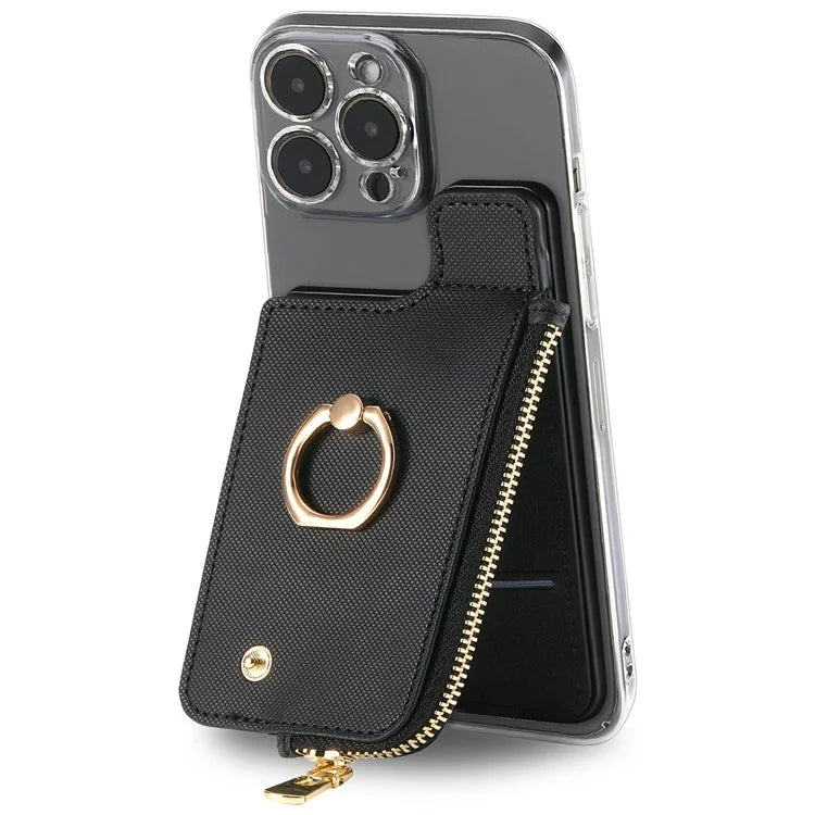 Ring Holder Card Bag Cross Texture PU Leather Zipper Wallet Card Holder