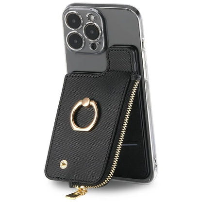 Ring Holder Card Bag Cross Texture PU Leather Zipper Wallet Card Holder
