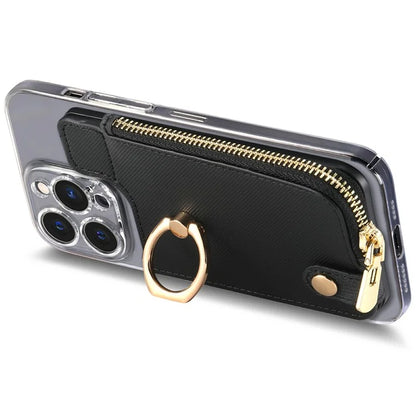 Ring Holder Card Bag Cross Texture PU Leather Zipper Wallet Card Holder