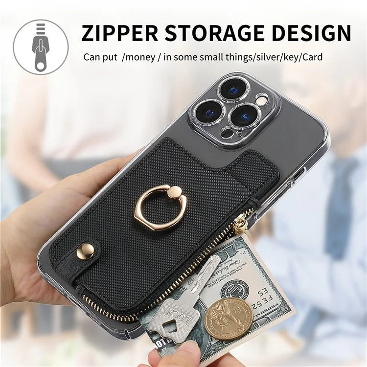Ring Holder Card Bag Cross Texture PU Leather Zipper Wallet Card Holder