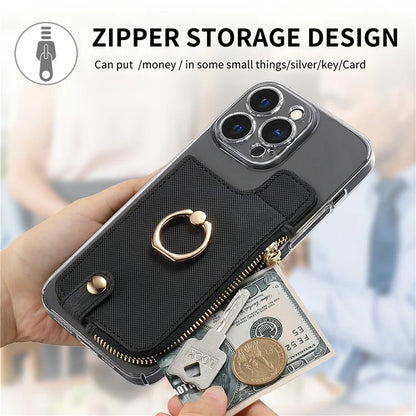 Ring Holder Card Bag Cross Texture PU Leather Zipper Wallet Card Holder