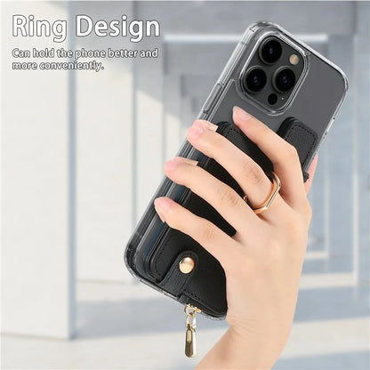 Ring Holder Card Bag Cross Texture PU Leather Zipper Wallet Card Holder
