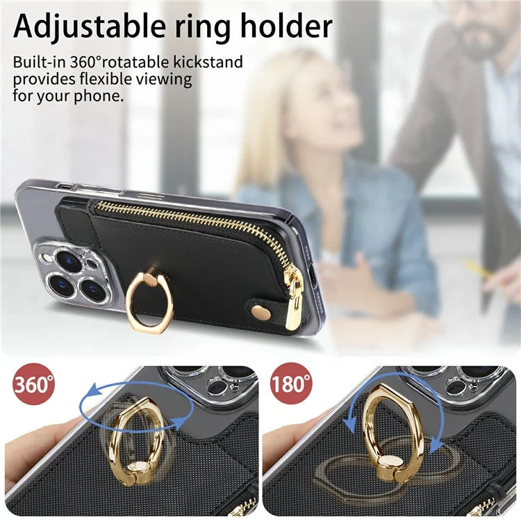 Ring Holder Card Bag Cross Texture PU Leather Zipper Wallet Card Holder