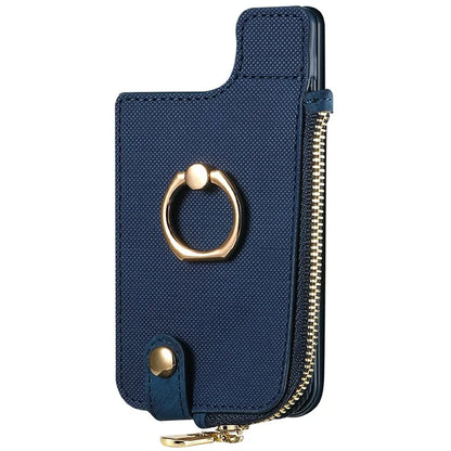 Ring Holder Card Bag Cross Texture PU Leather Zipper Wallet Card Holder