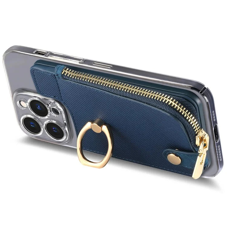 Ring Holder Card Bag Cross Texture PU Leather Zipper Wallet Card Holder