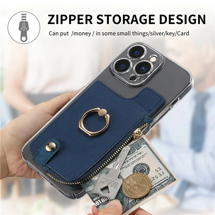 Ring Holder Card Bag Cross Texture PU Leather Zipper Wallet Card Holder