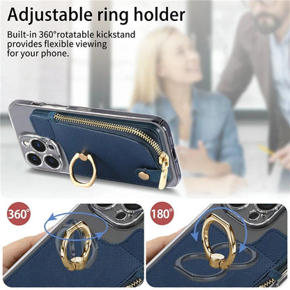 Ring Holder Card Bag Cross Texture PU Leather Zipper Wallet Card Holder