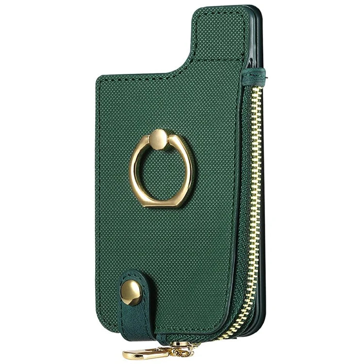 Ring Holder Card Bag Cross Texture PU Leather Zipper Wallet Card Holder