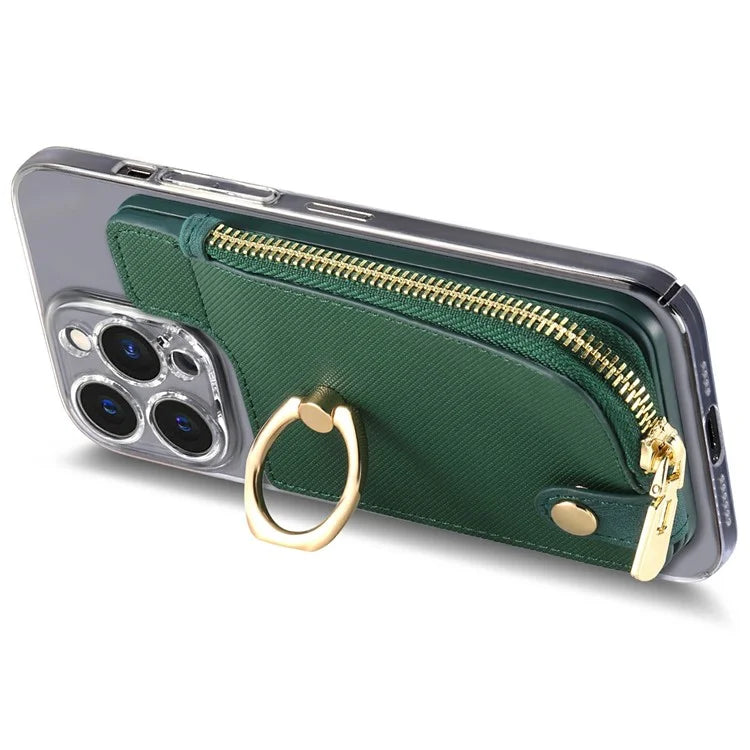 Ring Holder Card Bag Cross Texture PU Leather Zipper Wallet Card Holder