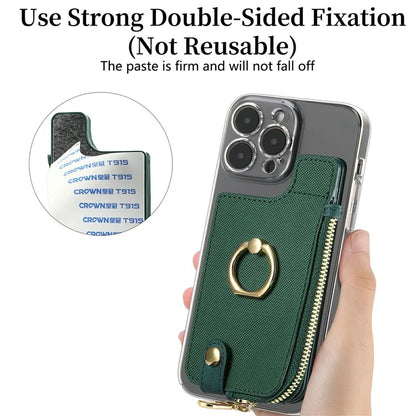 Ring Holder Card Bag Cross Texture PU Leather Zipper Wallet Card Holder