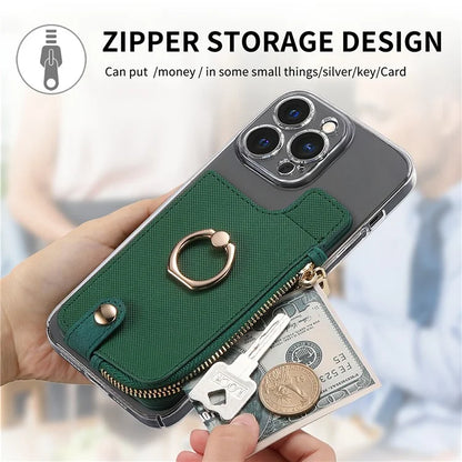 Ring Holder Card Bag Cross Texture PU Leather Zipper Wallet Card Holder