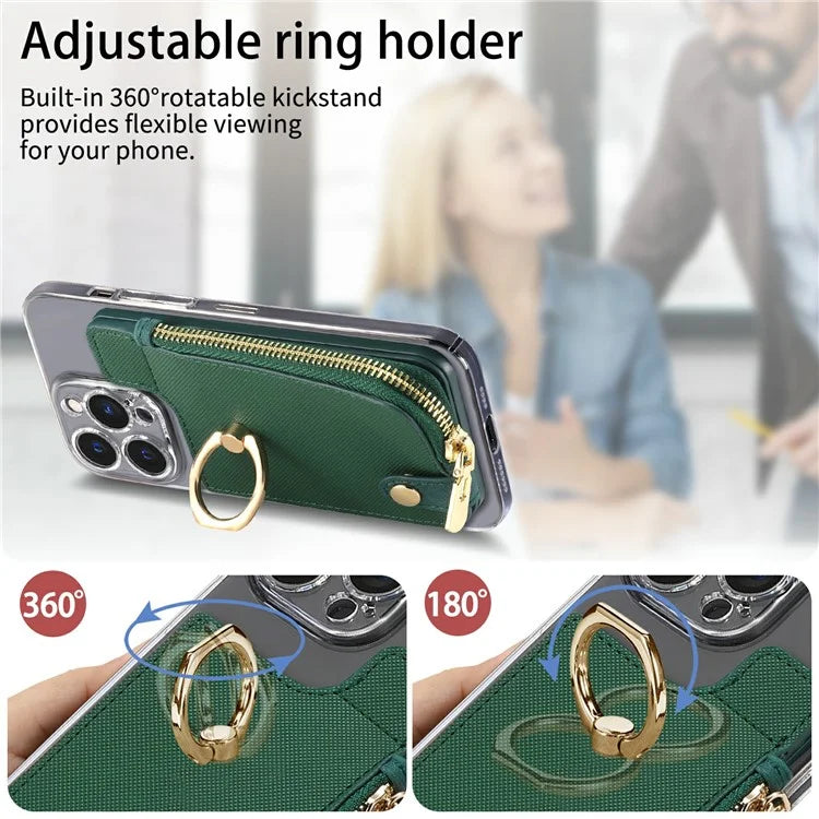 Ring Holder Card Bag Cross Texture PU Leather Zipper Wallet Card Holder