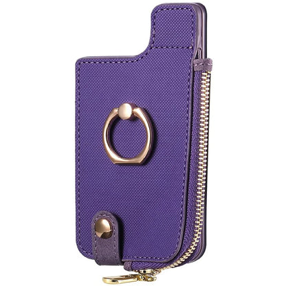 Ring Holder Card Bag Cross Texture PU Leather Zipper Wallet Card Holder