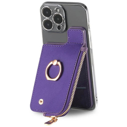 Ring Holder Card Bag Cross Texture PU Leather Zipper Wallet Card Holder