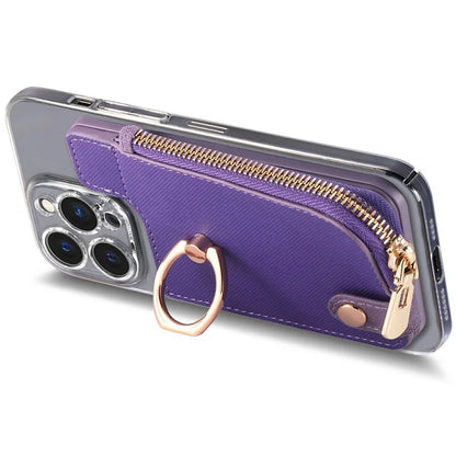 Ring Holder Card Bag Cross Texture PU Leather Zipper Wallet Card Holder