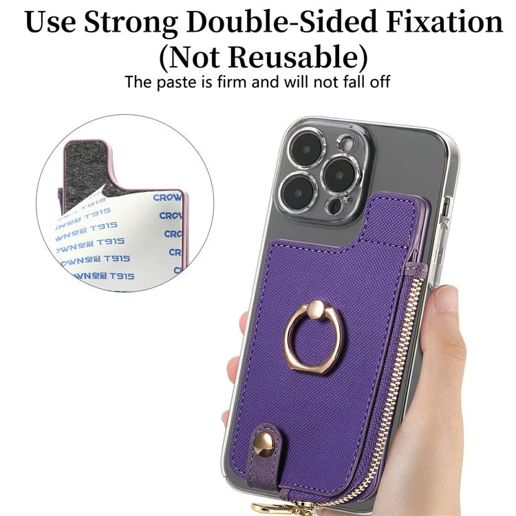 Ring Holder Card Bag Cross Texture PU Leather Zipper Wallet Card Holder
