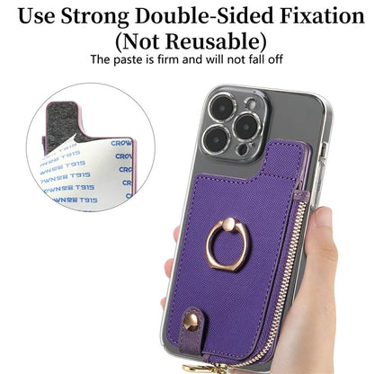 Ring Holder Card Bag Cross Texture PU Leather Zipper Wallet Card Holder