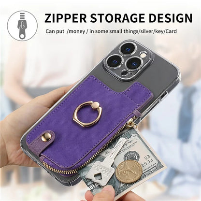 Ring Holder Card Bag Cross Texture PU Leather Zipper Wallet Card Holder