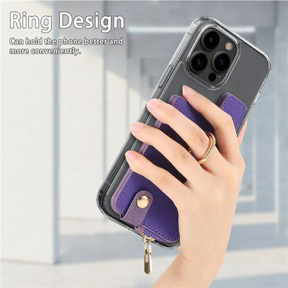 Ring Holder Card Bag Cross Texture PU Leather Zipper Wallet Card Holder