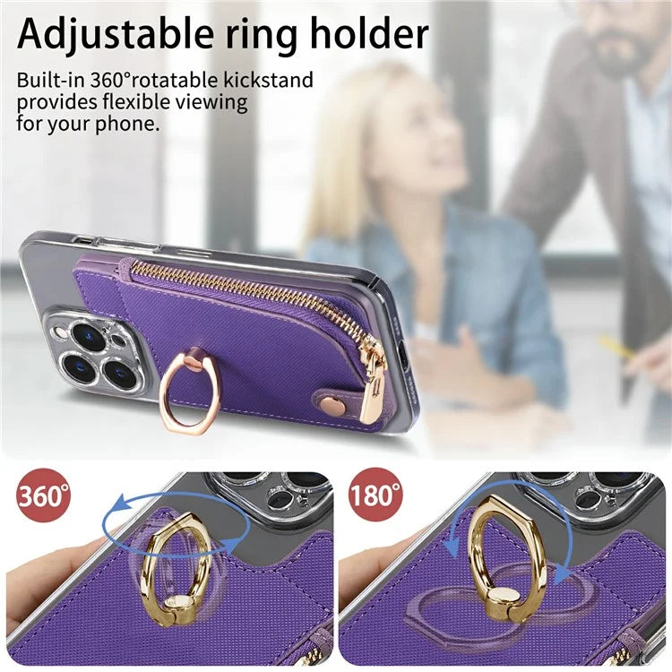 Ring Holder Card Bag Cross Texture PU Leather Zipper Wallet Card Holder