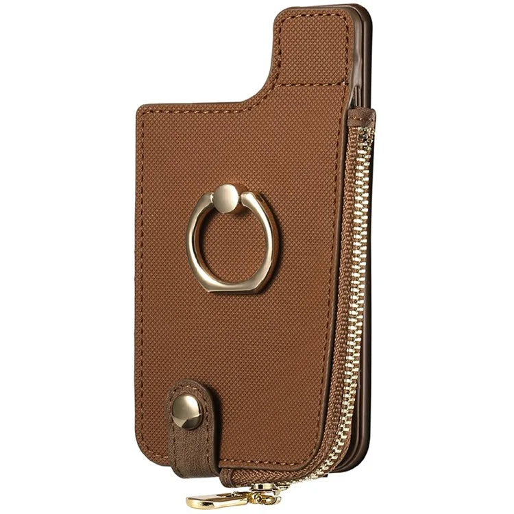 Ring Holder Card Bag Cross Texture PU Leather Zipper Wallet Card Holder
