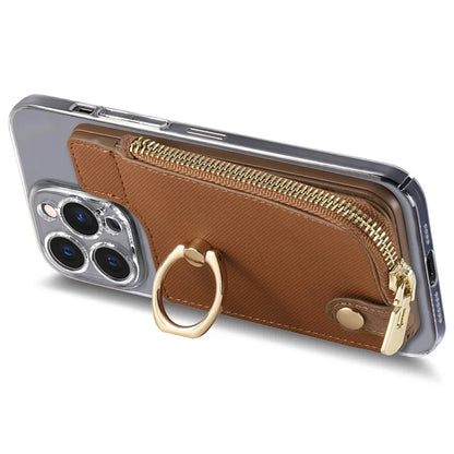 Ring Holder Card Bag Cross Texture PU Leather Zipper Wallet Card Holder