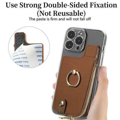 Ring Holder Card Bag Cross Texture PU Leather Zipper Wallet Card Holder