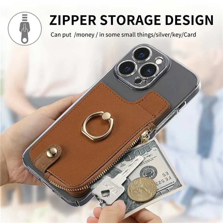 Ring Holder Card Bag Cross Texture PU Leather Zipper Wallet Card Holder