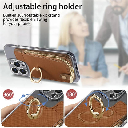 Ring Holder Card Bag Cross Texture PU Leather Zipper Wallet Card Holder