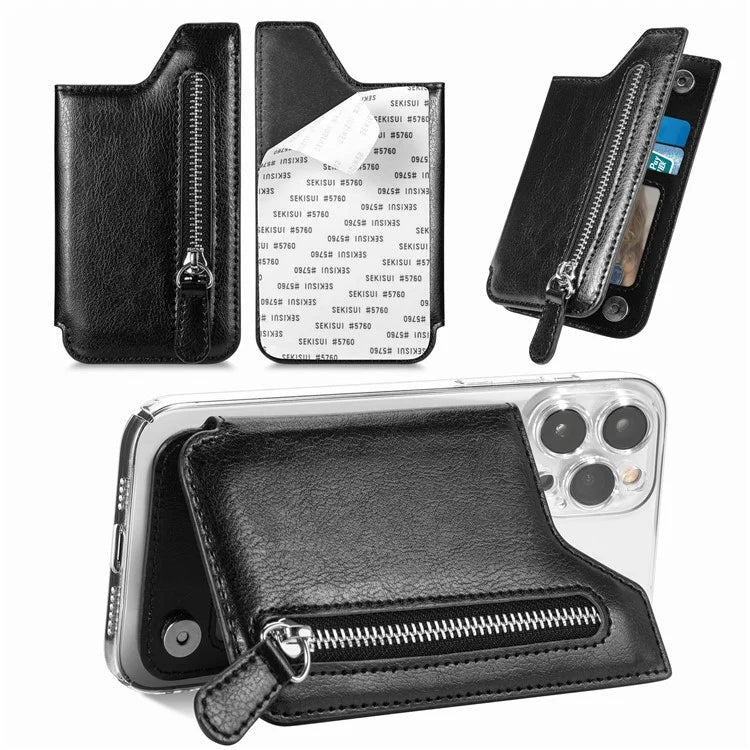 Phone Zipper Wallet Card Bag PU Leather Adhesive Kickstand Card Holder