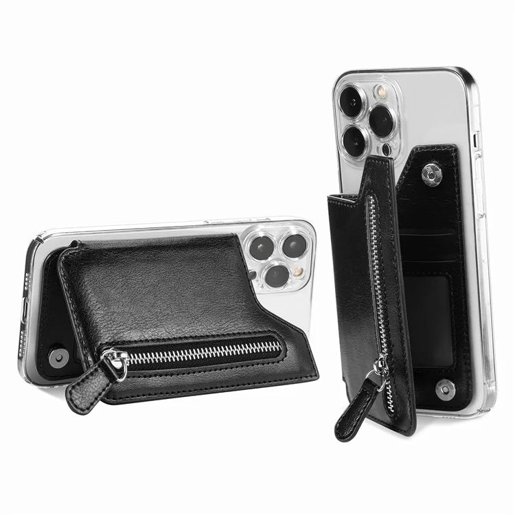 Phone Zipper Wallet Card Bag PU Leather Adhesive Kickstand Card Holder