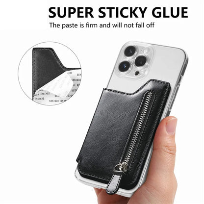 Phone Zipper Wallet Card Bag PU Leather Adhesive Kickstand Card Holder