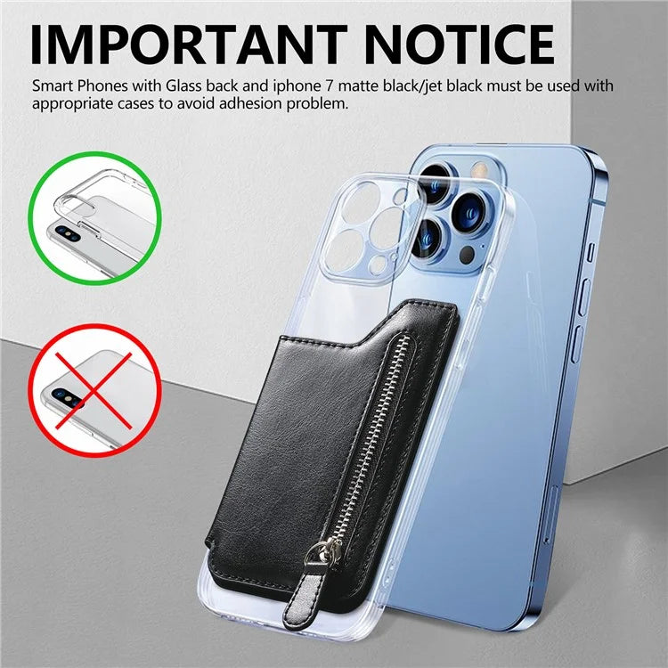 Phone Zipper Wallet Card Bag PU Leather Adhesive Kickstand Card Holder