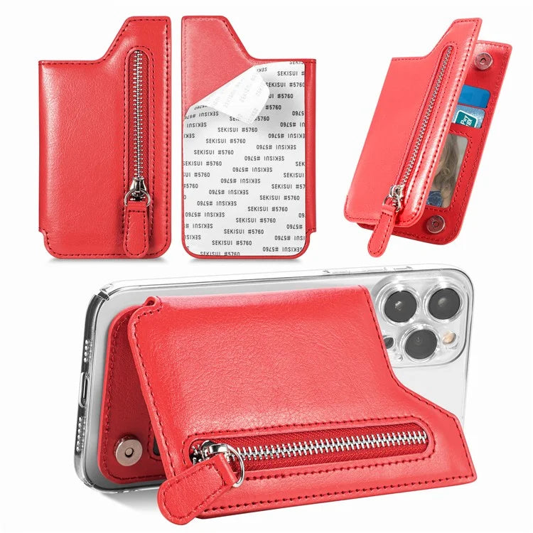 Phone Zipper Wallet Card Bag PU Leather Adhesive Kickstand Card Holder