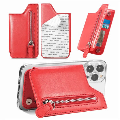 Phone Zipper Wallet Card Bag PU Leather Adhesive Kickstand Card Holder