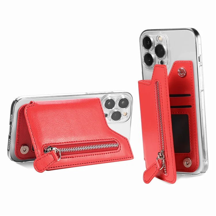 Phone Zipper Wallet Card Bag PU Leather Adhesive Kickstand Card Holder