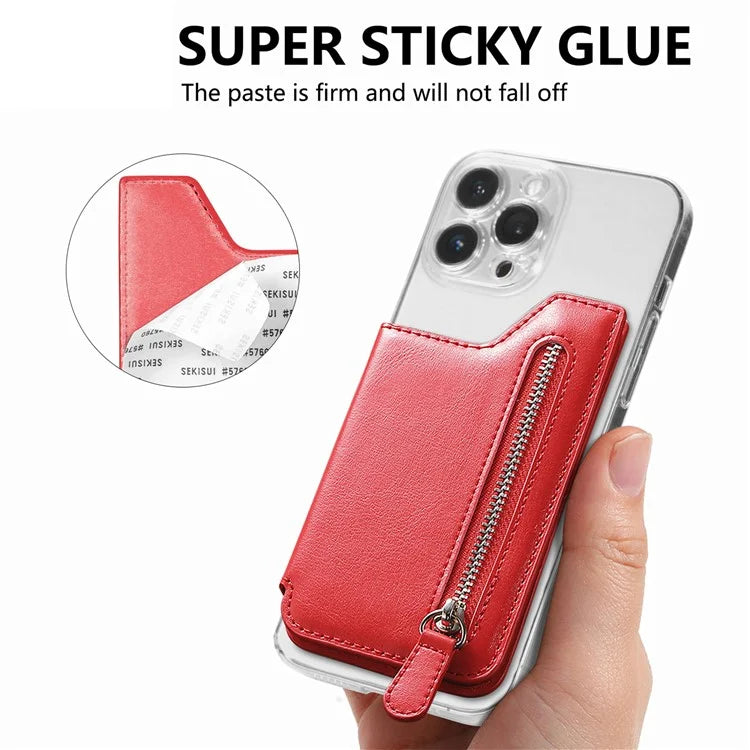 Phone Zipper Wallet Card Bag PU Leather Adhesive Kickstand Card Holder