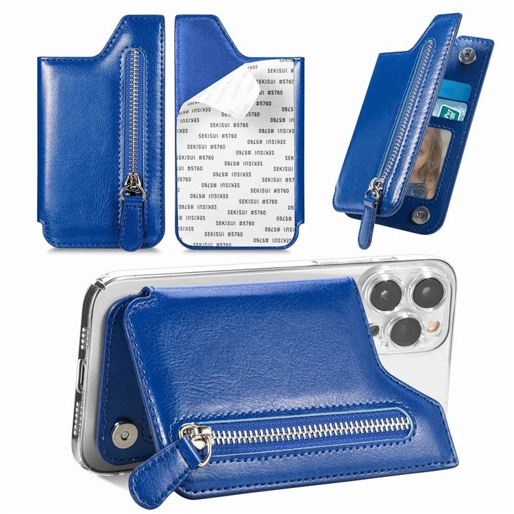 Phone Zipper Wallet Card Bag PU Leather Adhesive Kickstand Card Holder