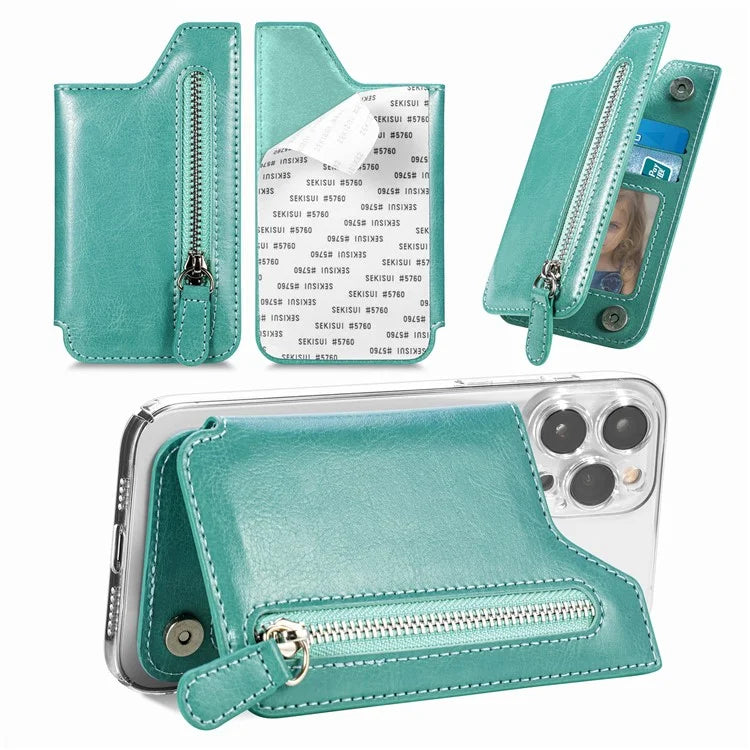Phone Zipper Wallet Card Bag PU Leather Adhesive Kickstand Card Holder